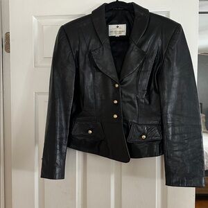 Saks Fifth Avenue Black Leather Jacket with Gold Buttons